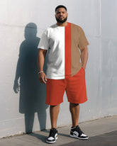 Men's Plus Size White & Orange & Khaki Colorblock Fashion Round Neck Short Sleeve T-Shirt Shorts Suit